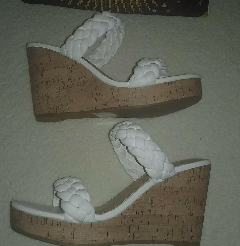 Kohl's White Braided Double-Strap Cork Wedge Sandals Size 6.5
